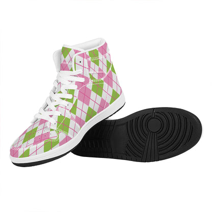 Pink Green And White Argyle Print High Top Leather Sneakers