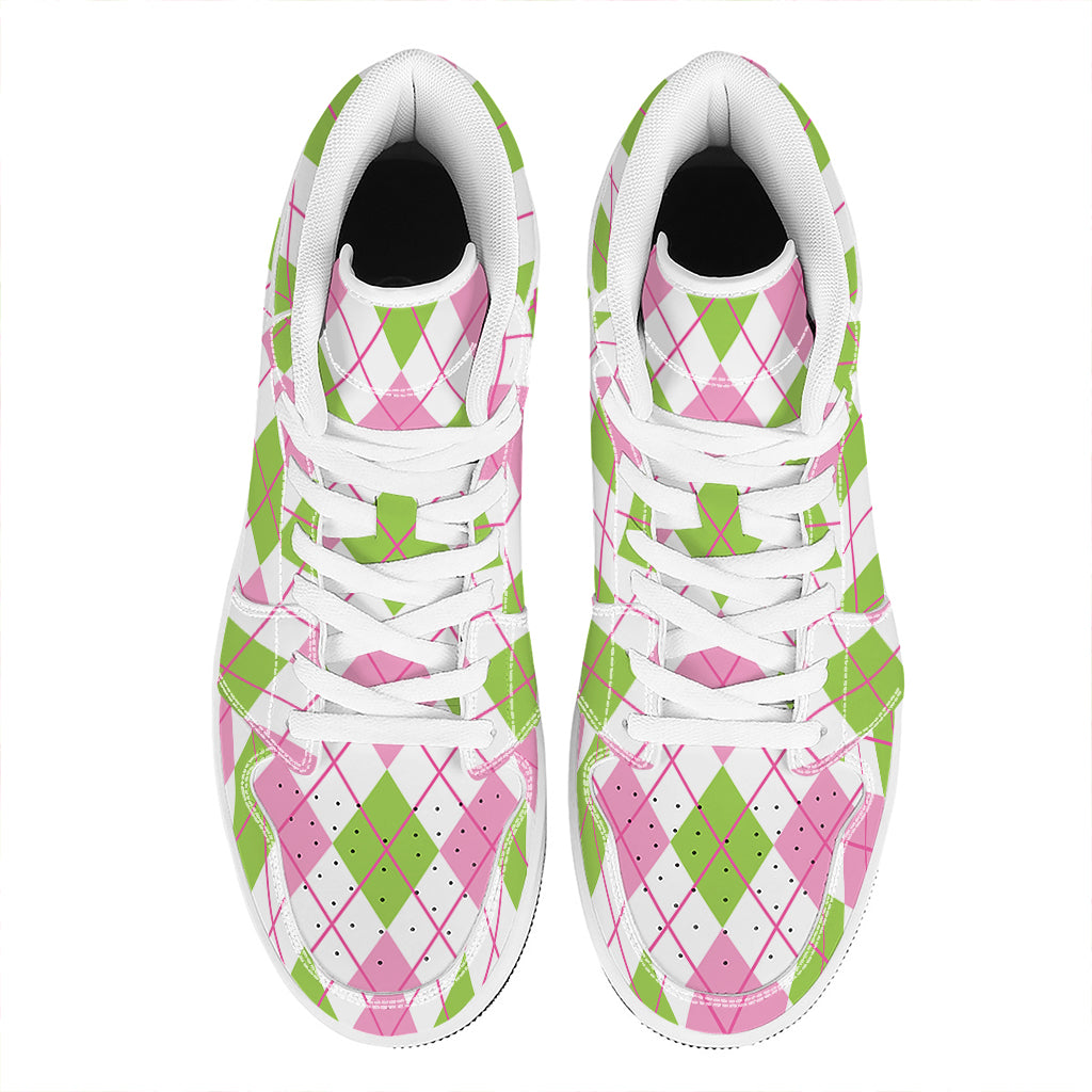 Pink Green And White Argyle Print High Top Leather Sneakers