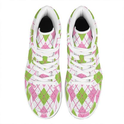 Pink Green And White Argyle Print High Top Leather Sneakers