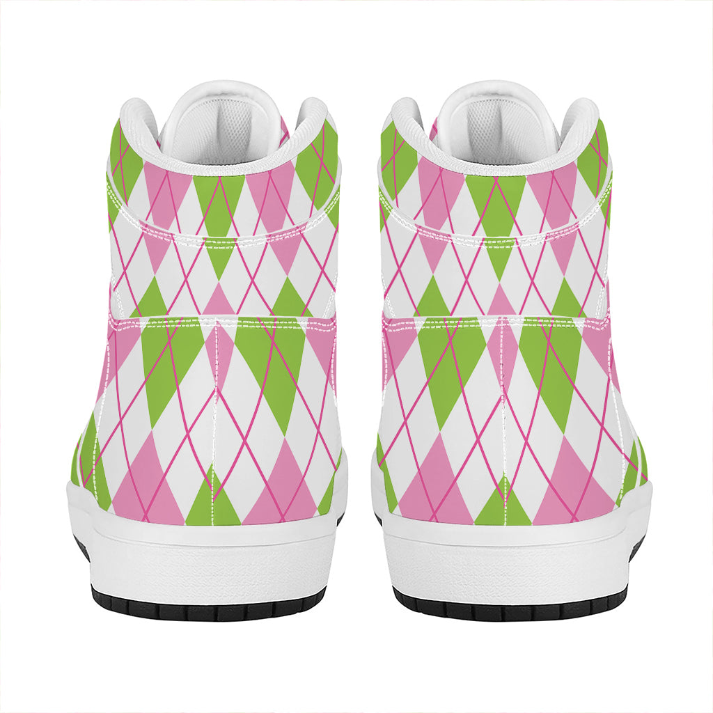 Pink Green And White Argyle Print High Top Leather Sneakers