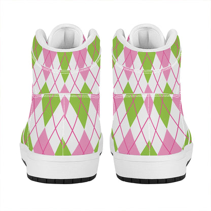 Pink Green And White Argyle Print High Top Leather Sneakers