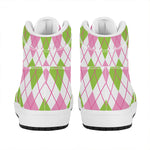 Pink Green And White Argyle Print High Top Leather Sneakers