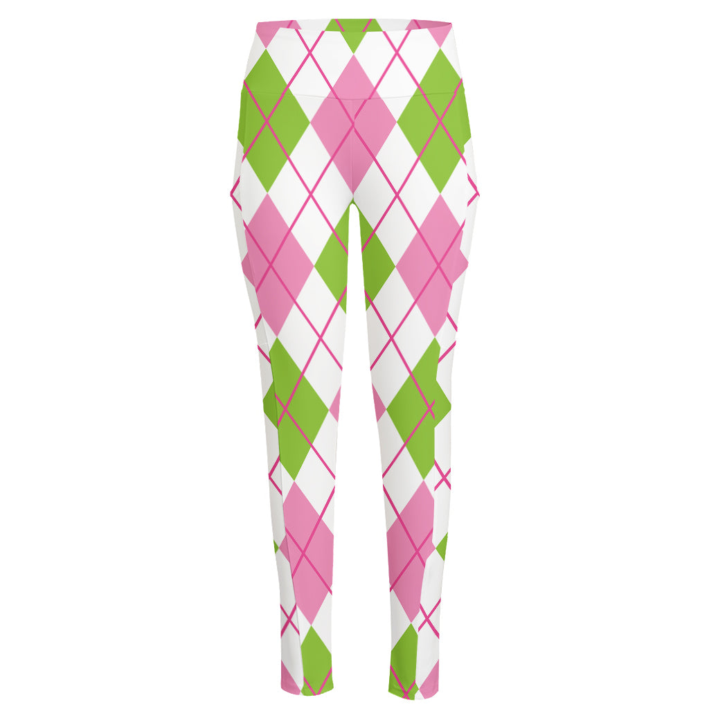 Pink Green And White Argyle Print High-Waisted Pocket Leggings