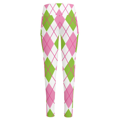 Pink Green And White Argyle Print High-Waisted Pocket Leggings