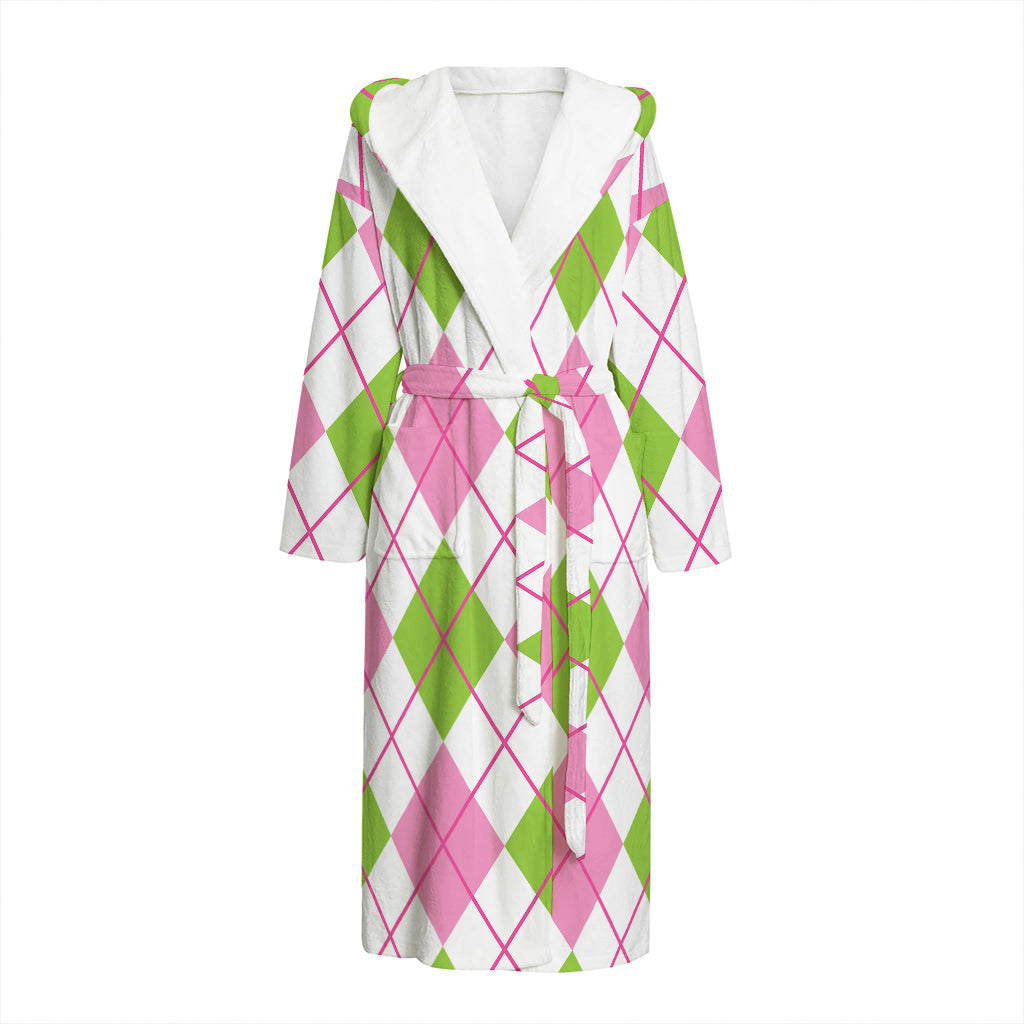 Pink Green And White Argyle Print Hooded Bathrobe