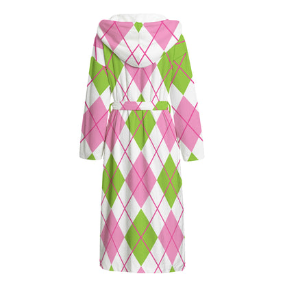 Pink Green And White Argyle Print Hooded Bathrobe