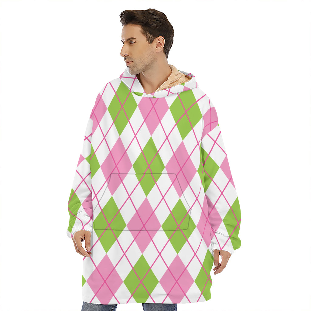 Pink Green And White Argyle Print Hoodie Blanket