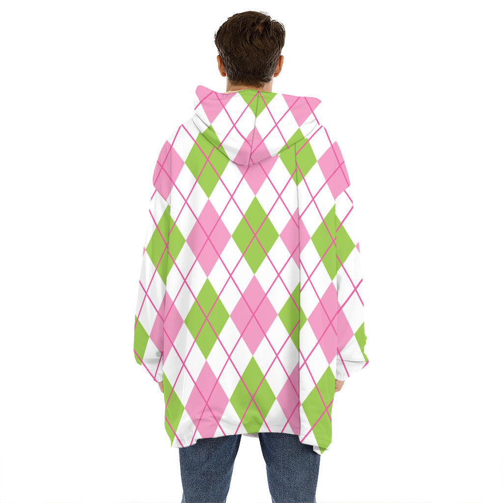 Pink Green And White Argyle Print Hoodie Blanket