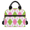 Pink Green And White Argyle Print Insulated Lunch Bag