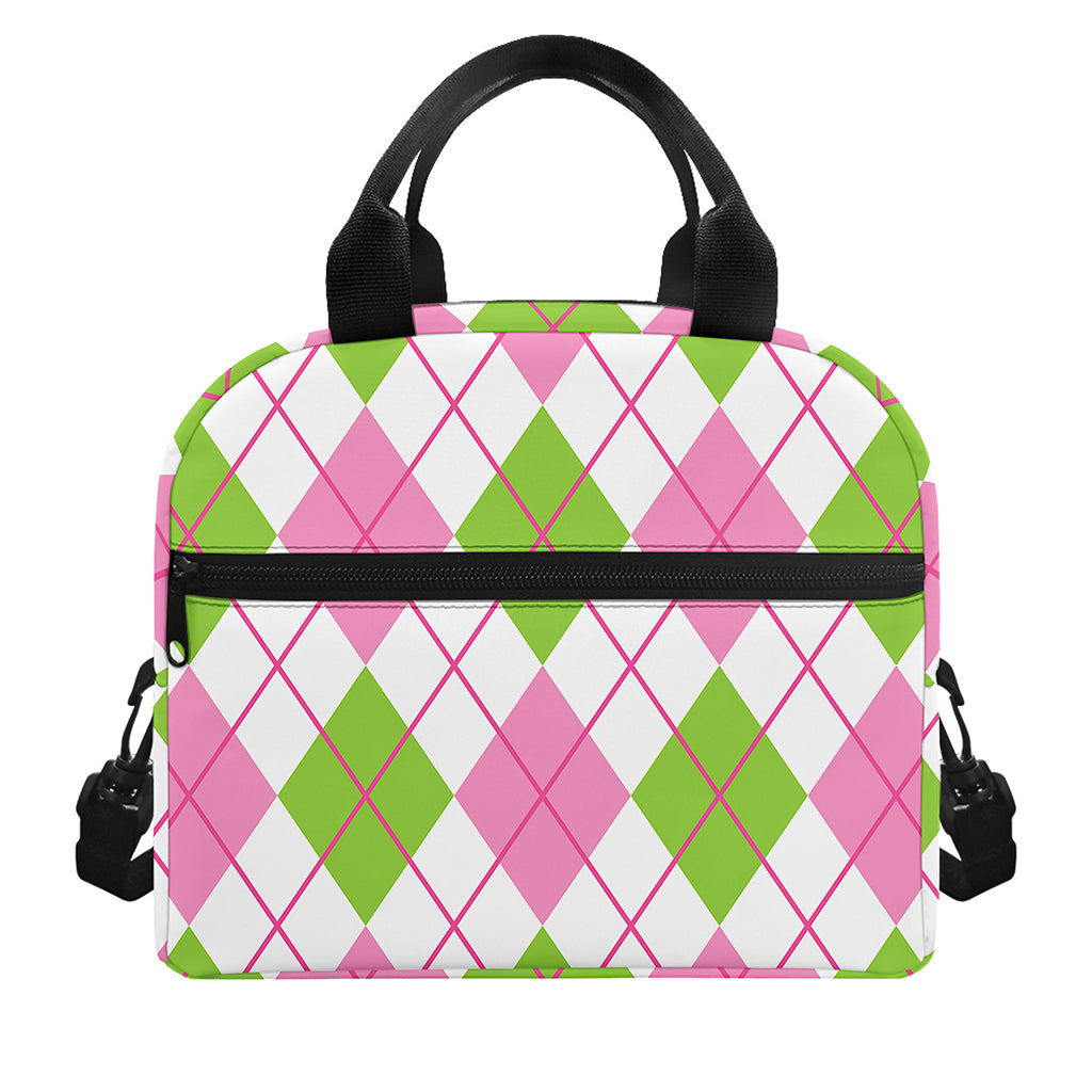 Pink Green And White Argyle Print Insulated Lunch Bag
