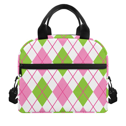 Pink Green And White Argyle Print Insulated Lunch Bag