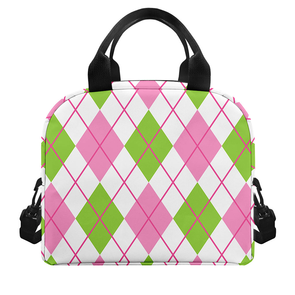Pink Green And White Argyle Print Insulated Lunch Bag