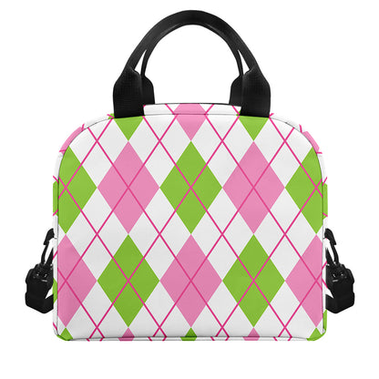 Pink Green And White Argyle Print Insulated Lunch Bag