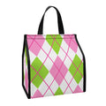 Pink Green And White Argyle Print Insulated Lunch Tote
