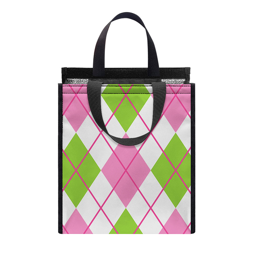 Pink Green And White Argyle Print Insulated Lunch Tote