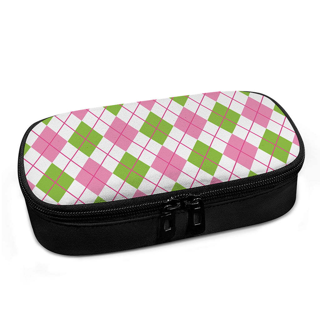 Pink Green And White Argyle Print Insulin Cooler Travel Case