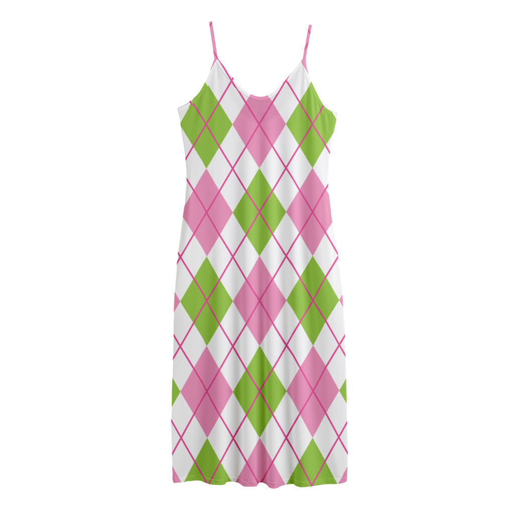 Pink Green And White Argyle Print Jersey Midi Cami Dress