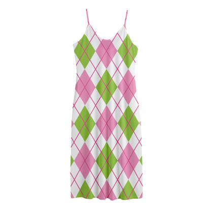 Pink Green And White Argyle Print Jersey Midi Cami Dress