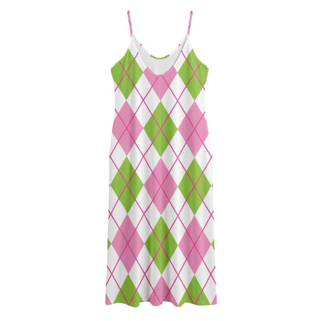 Pink Green And White Argyle Print Jersey Midi Cami Dress