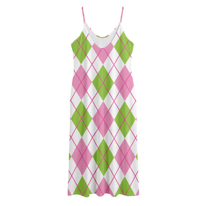 Pink Green And White Argyle Print Jersey Midi Cami Dress