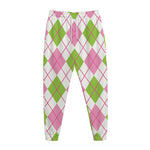 Pink Green And White Argyle Print Jogger Pants