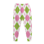 Pink Green And White Argyle Print Jogger Pants