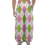 Pink Green And White Argyle Print Lantern Pants