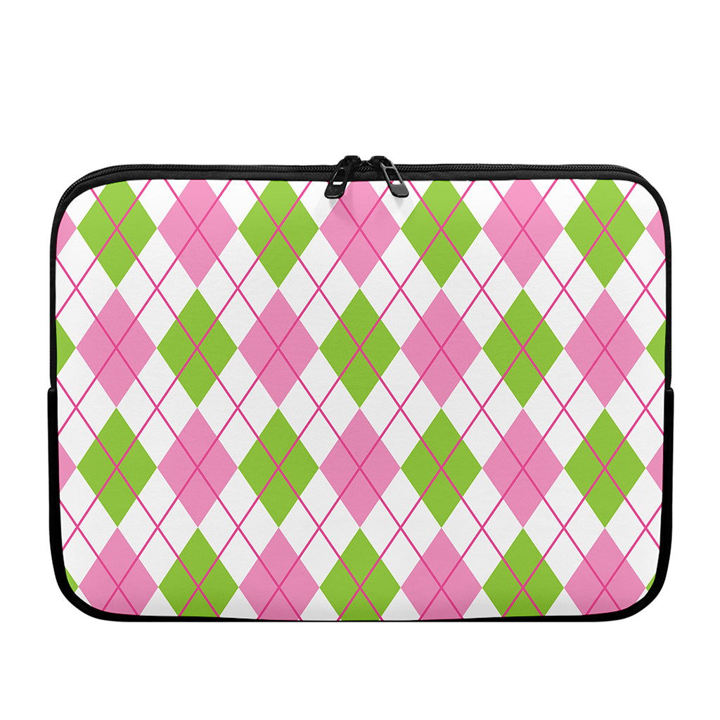 Pink Green And White Argyle Print Laptop Sleeve