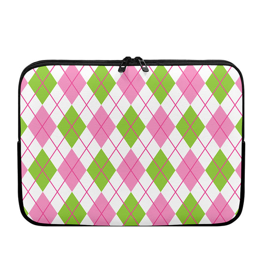 Pink Green And White Argyle Print Laptop Sleeve