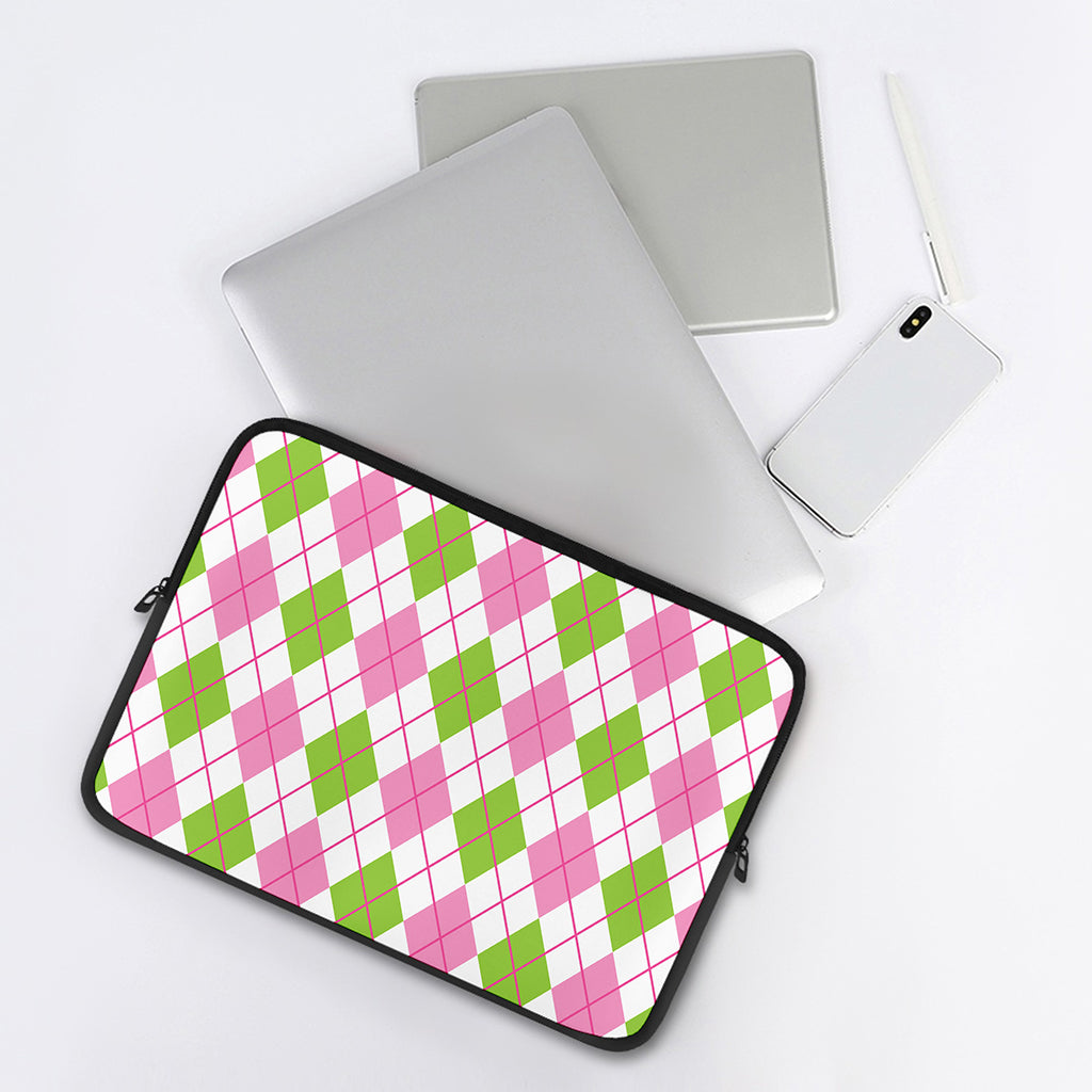 Pink Green And White Argyle Print Laptop Sleeve