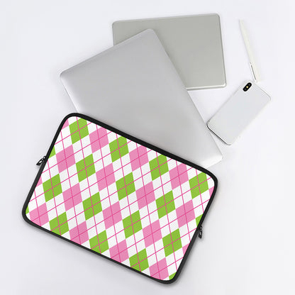 Pink Green And White Argyle Print Laptop Sleeve
