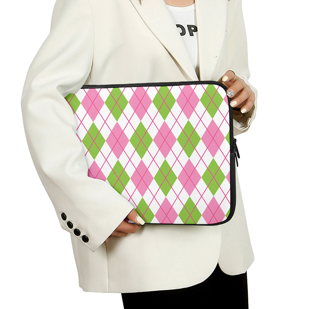 Pink Green And White Argyle Print Laptop Sleeve