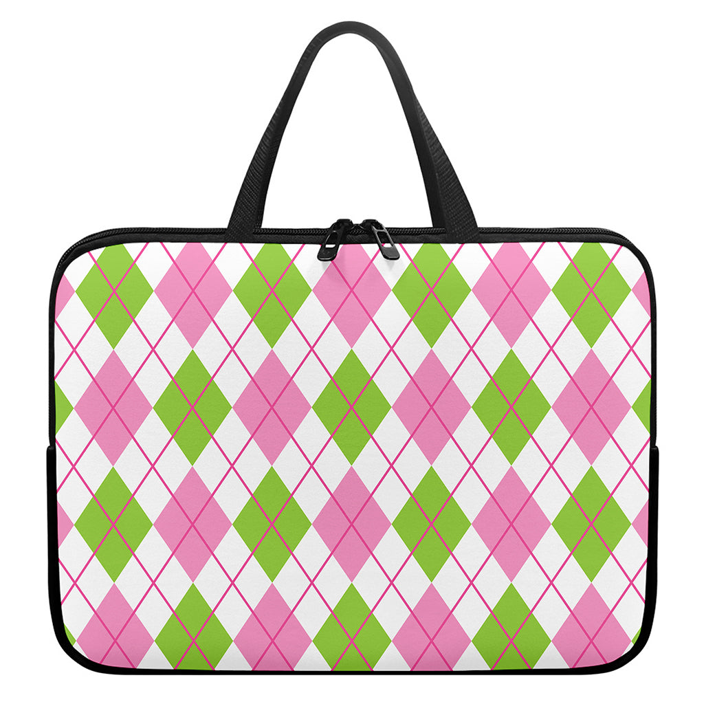 Pink Green And White Argyle Print Laptop Sleeve With Handle