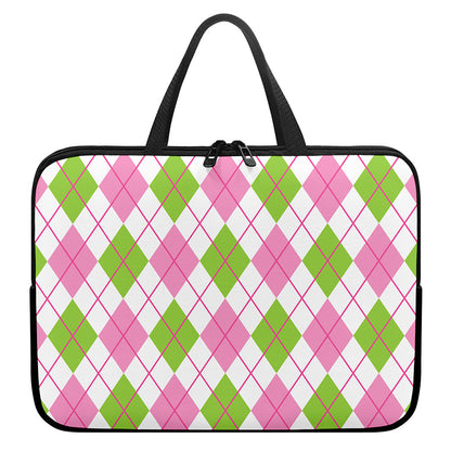 Pink Green And White Argyle Print Laptop Sleeve With Handle