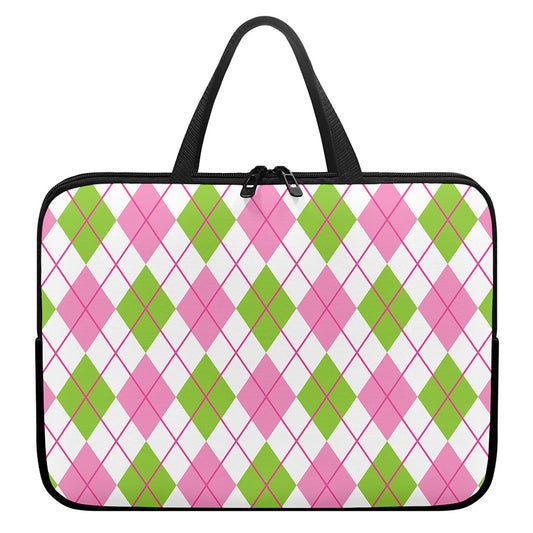 Pink Green And White Argyle Print Laptop Sleeve With Handle