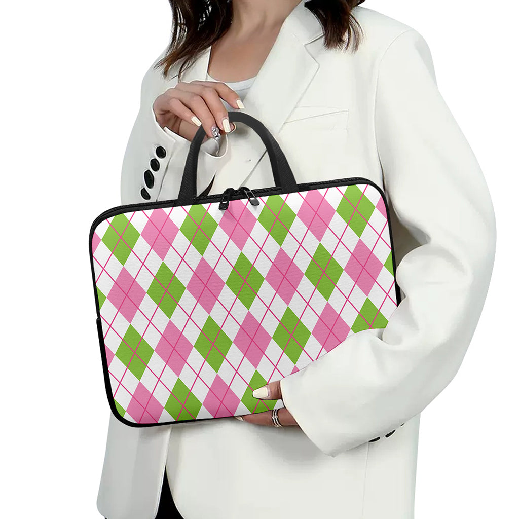 Pink Green And White Argyle Print Laptop Sleeve With Handle