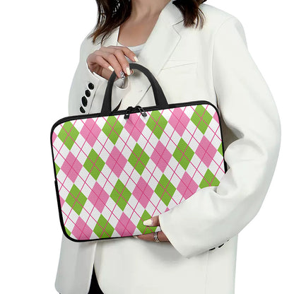 Pink Green And White Argyle Print Laptop Sleeve With Handle
