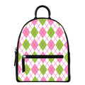 Pink Green And White Argyle Print Leather Backpack