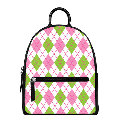 Pink Green And White Argyle Print Leather Backpack