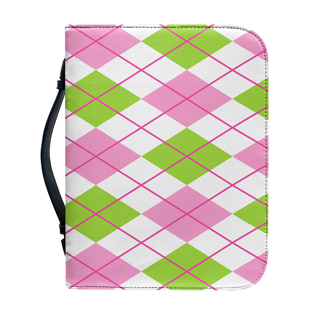 Pink Green And White Argyle Print Leather Bible Cover
