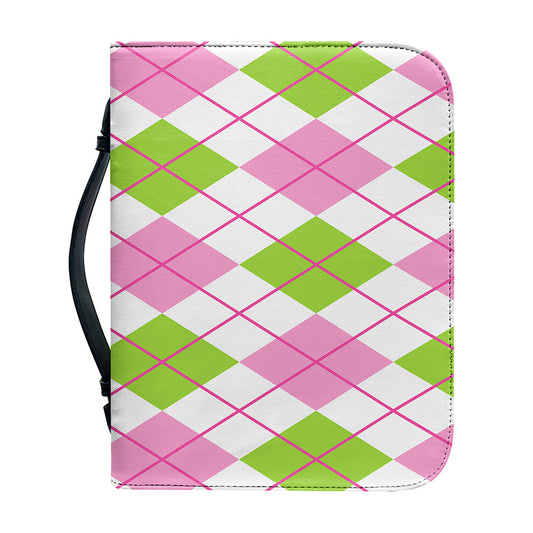 Pink Green And White Argyle Print Leather Bible Cover