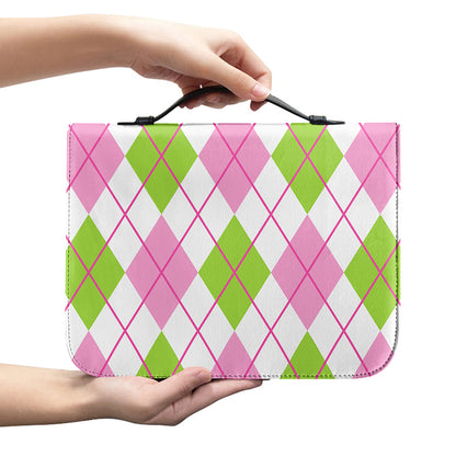Pink Green And White Argyle Print Leather Bible Cover