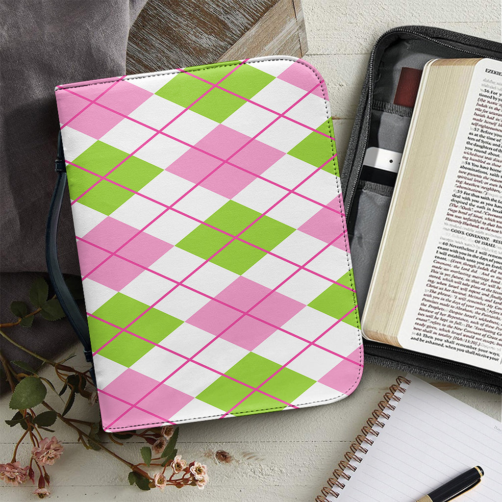 Pink Green And White Argyle Print Leather Bible Cover