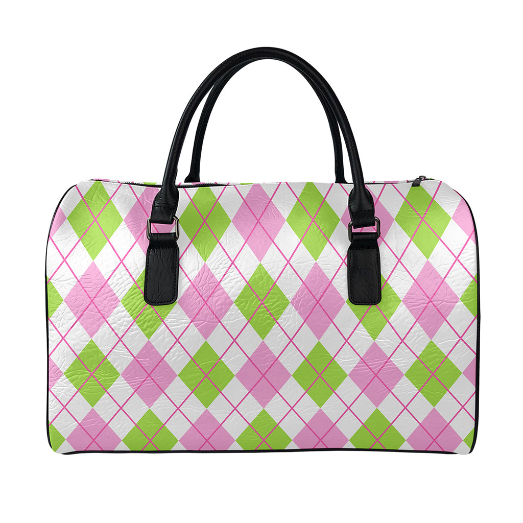 Pink Green And White Argyle Print Leather Duffle Bag