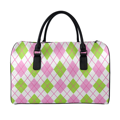 Pink Green And White Argyle Print Leather Duffle Bag