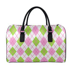 Pink Green And White Argyle Print Leather Duffle Bag