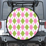 Pink Green And White Argyle Print Leather Spare Tire Cover