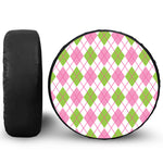 Pink Green And White Argyle Print Leather Spare Tire Cover