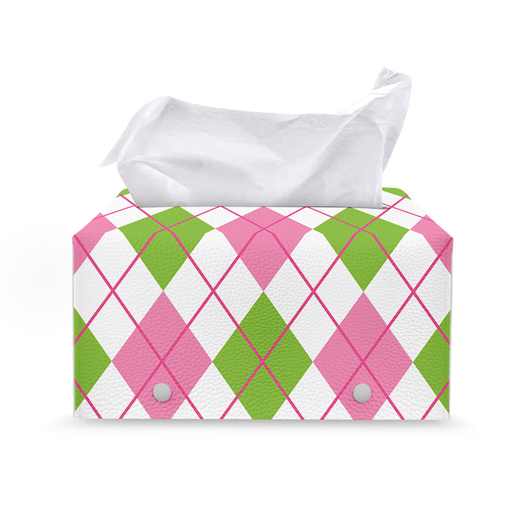 Pink Green And White Argyle Print Leather Tissue Box Cover