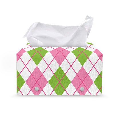 Pink Green And White Argyle Print Leather Tissue Box Cover